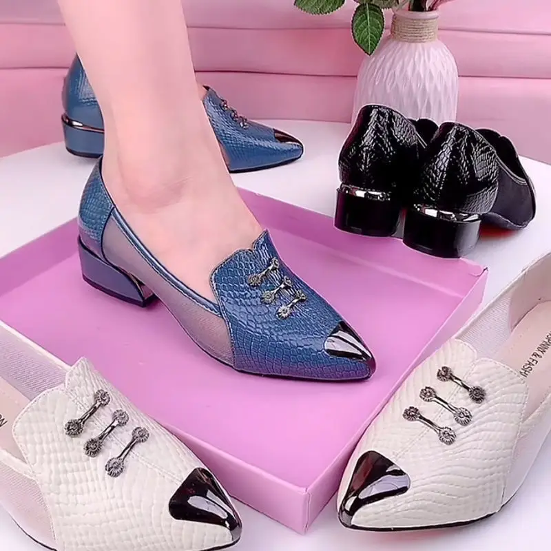 Новинка 2022 женские сетчатые туфли FHANCHU на низком каблуке модные Cormfort Mum с острым