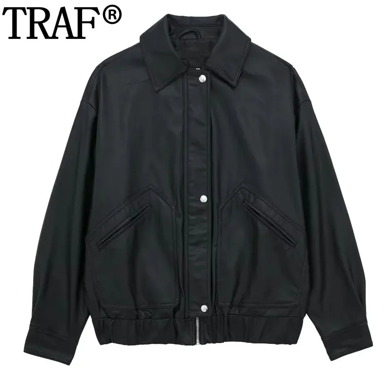 

TRAF 2023 Black Bomber Jackets For Women Oversize Faux Leather Jacket Woman Windbreaker Aviator Jackets Zipper Long Sleeve Coat
