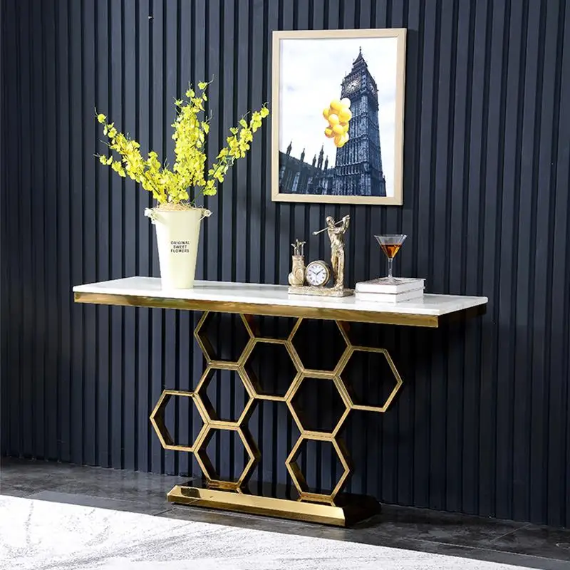 

Gold Console Table Nordic Light Luxury Natural Stone Porch Table Living Room Decoration Entrance Hallway Marble Side Cabinets