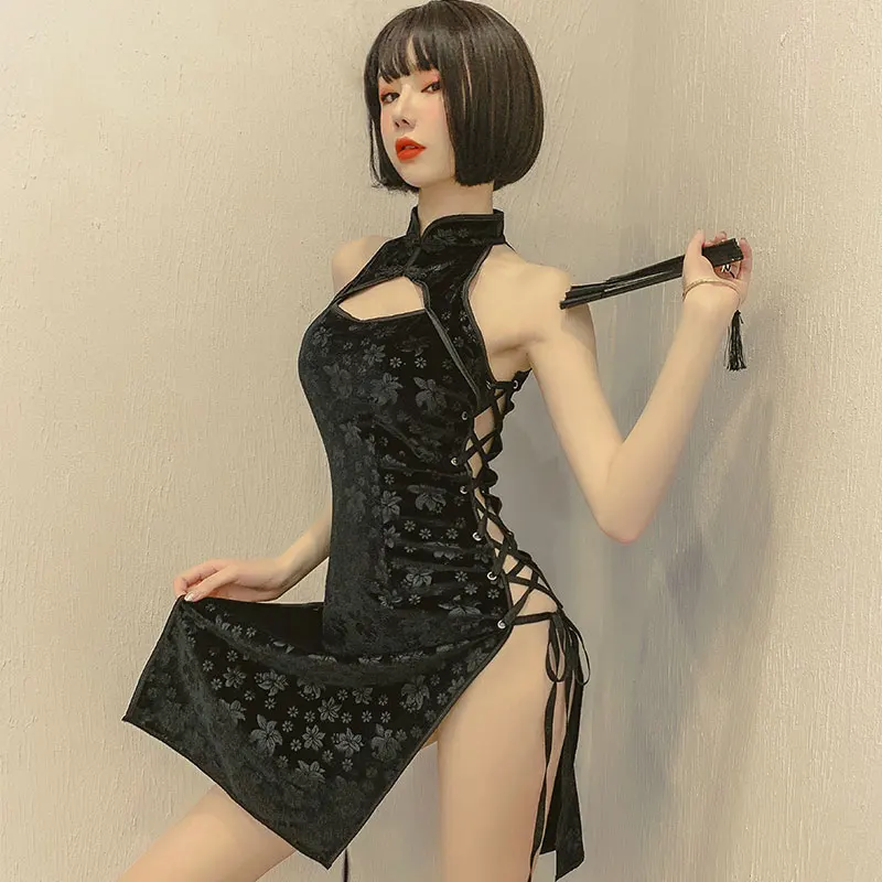 

Velvet Cheongsam Chinese Lingerie Sleepwear Women Sexy Nightwear Lace Sleep Tops Fork Robe Night Dress Nightgown Camisolas 2022