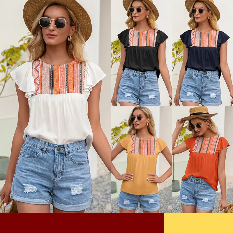 

2022 Summer Fashion Sexy O Neck Hollow Out Women's Shirts Tops Casual Print Short Sleeve Ruffle Patchwork Ladies Ruched Shirts