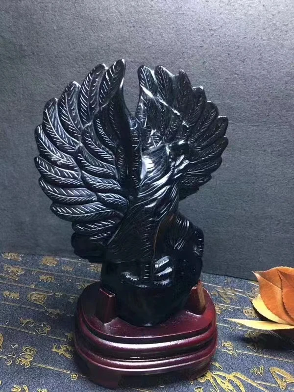 

160mm Natural Black Obsidian Crystal Eagle Carving Animal Statue Healing Energy Crafts For Home Desk Decoration 1pcs +pedestal