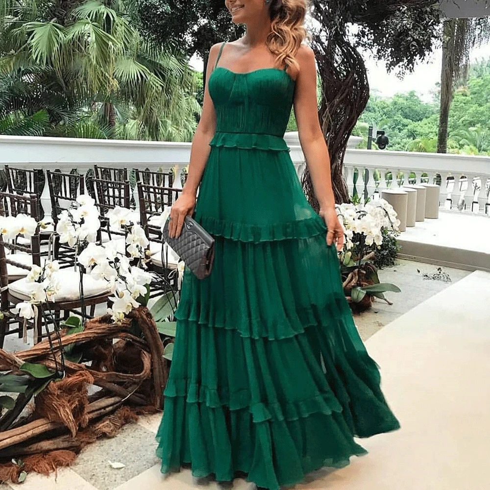 

Green Vintage Evening Dress Long Party Clothes Summer Sleeveless Strapless Sexy Solid Harajuku Floor-Length Cascading Ruffle