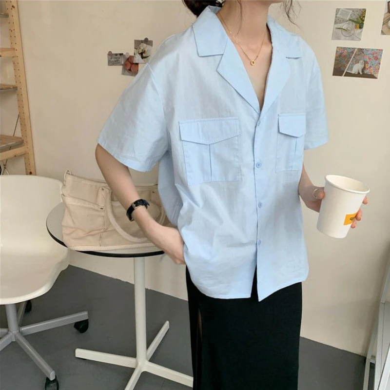

Женская рубашка с коротким рукавом EBAIHUI, однотонная модная шикарная летняя блузка в стиле преппи, топы, свободная Мягкая Повседневная рубашка в стиле Харадзюку для студентов