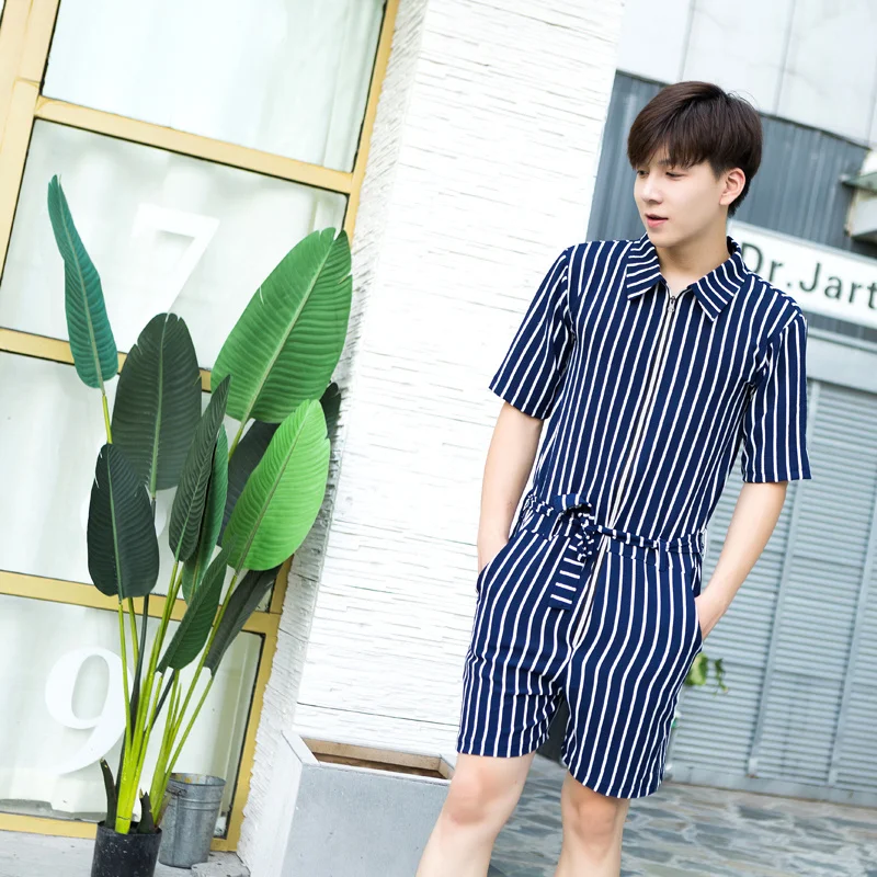 

Summer New Tide Men's Stripe Show Shorts Male Short-sleeved Fashion Casual Jumpsuit Plus Size Clothes Zipper Suit Jacket