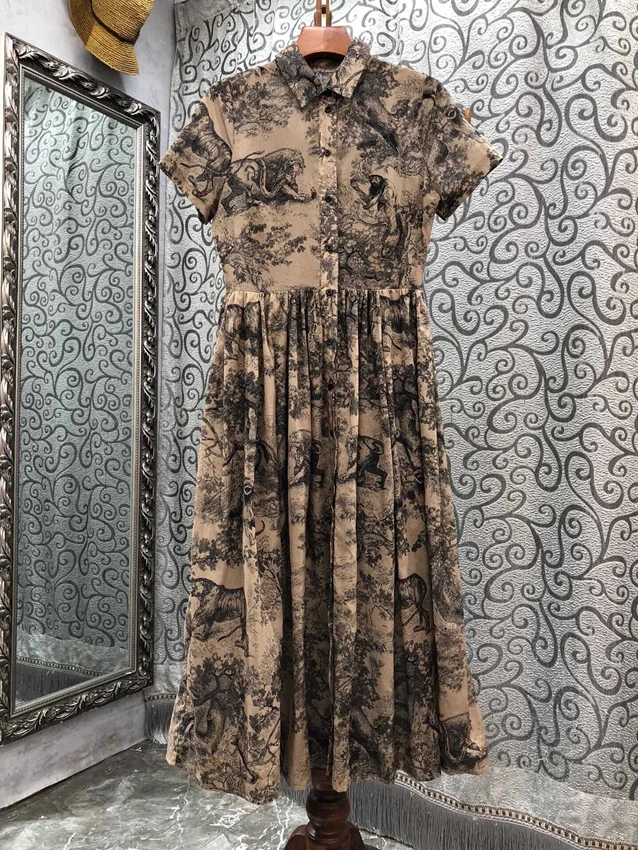 

2022 new women fashion short-sleeved lapel ink print pattern decorated waist dress 830