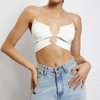 2022 women halter crop cami tops y2k clothes sleeveless spaghetti strap vest solid color hollow out camisole cropped feminino