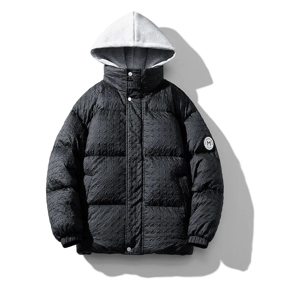 2022 Winter Nylon Shrink Thousand Bird Plaid Cotton Shirt Mens Fashion Double Layer False Two Piece Hooded Coats Men Clothing