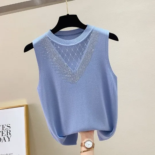 

Blue Sexy Lace Crystal Women Lady Summer Camisole Vest OL Sleeveless T-shirt Tops Cloth O-neck Camis Tank Top T Cheap Clothes