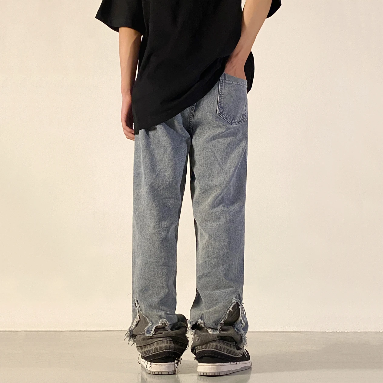 Four Seasons Men's Jeans High Street Stitching Raw Edge Jeans Men's American Retro Loose Straight Jeans Y2k Pants Ins Hot Sale