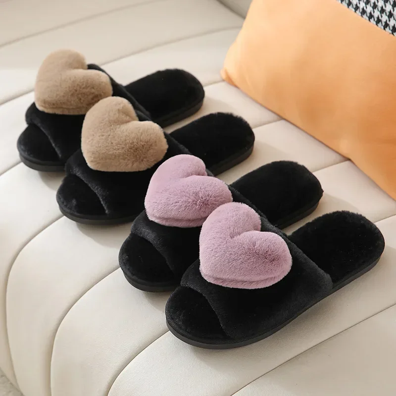 

Женские домашние теплые тапочки, мягкие плюшевые тапки с милым рисунком сердечек, Нескользящие, удобная обувь для дома, для осени и зимы