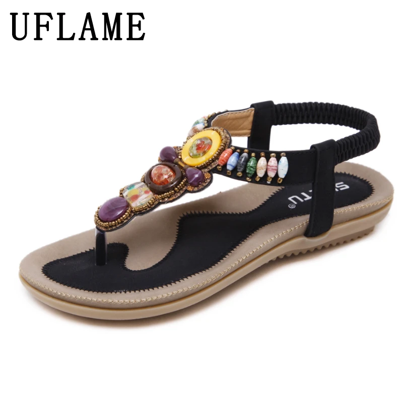 

Multicolor Precious Stones Women Leather Flip Flops Summer Ethnic Bohemian Slippers Retro Thailand Tourism Soft Sole Flat Shoes