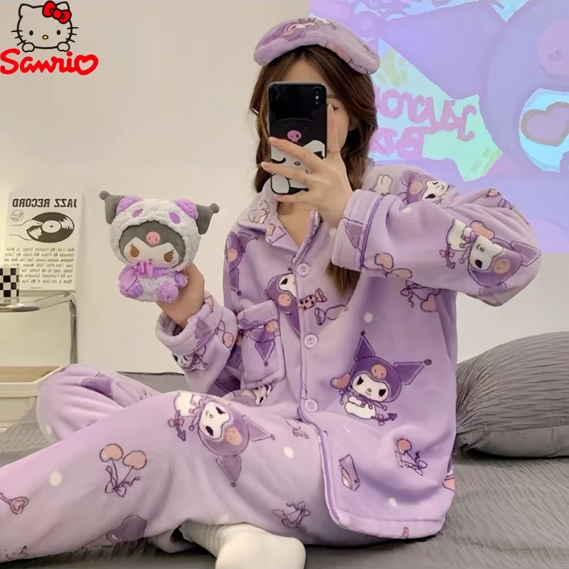 Sanrio Pochacco Cute Printed Plush Pajamas Set Y2k Flannel Soft Home Wear Winter Coral Velvet Student Cartoon Clothes Suit
