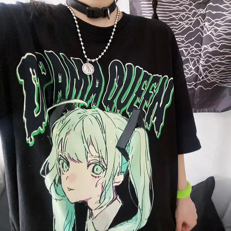 

Женская футболка в стиле преппи, свободная двухмерная Футболка с принтом аниме в стиле Харадзюку, топы с круглым вырезом и коротким рукавом ...