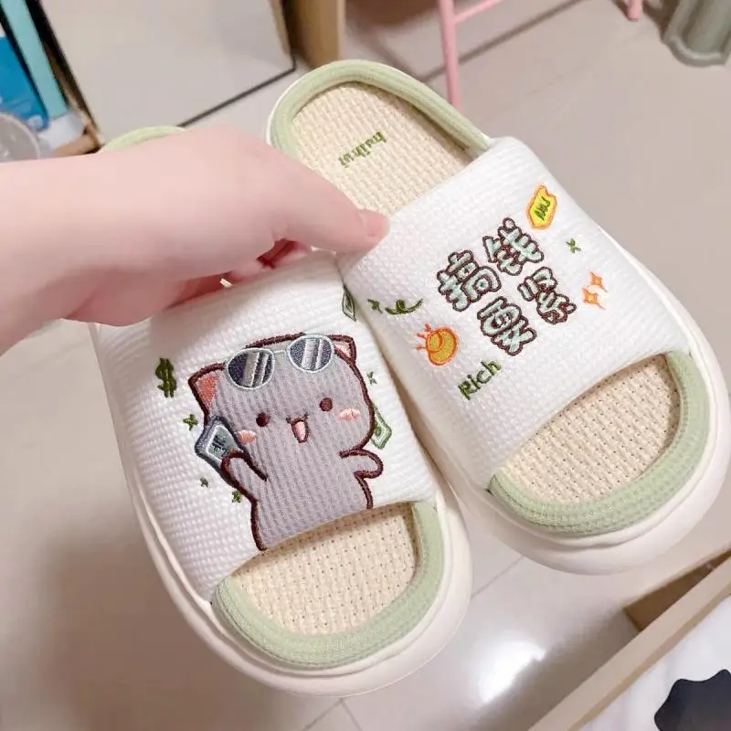 

Kawaii Mitao Cat Linen Slippers Anime Indoor Outdoor Shoes Summer Cool Sweat Absorbing Home Wear Fans Collection Figure Gift