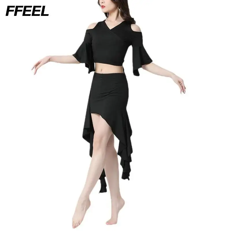 

2PCS New Belly Dance Training Suit Belly Dance Outfit Set Women Sexy Tops and Skirt Costume Top+Irregular Skirt Training Suit