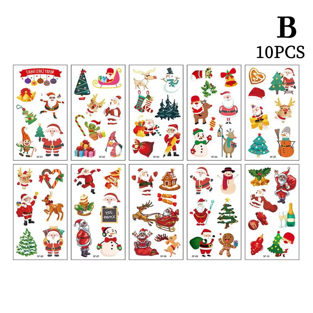 

10PCS Christmas Cartoon Tattoo Stickers Santa Claus Snowflake Decorations Luminous Christmas Tattoo Carnival Tree Elk Water A0Z0