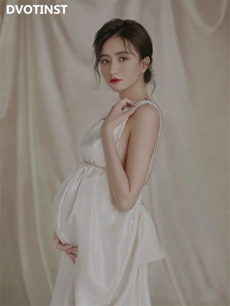 Dvotinst Women Photography Props Maternity Dresses Sleeveless Backless Pearl Pregnancy Dress Studio Photoshoot Photo Clothes enlarge