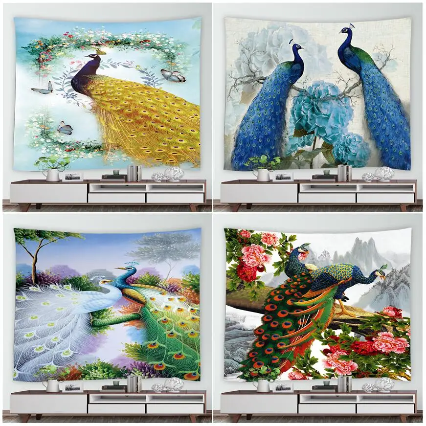 

Pink Flowers Peacocks Tapestry Chinese Style Floral Birds Ink Landscape Tapestries Art Mural Blanket Boho Wall Hanging Rug Decor
