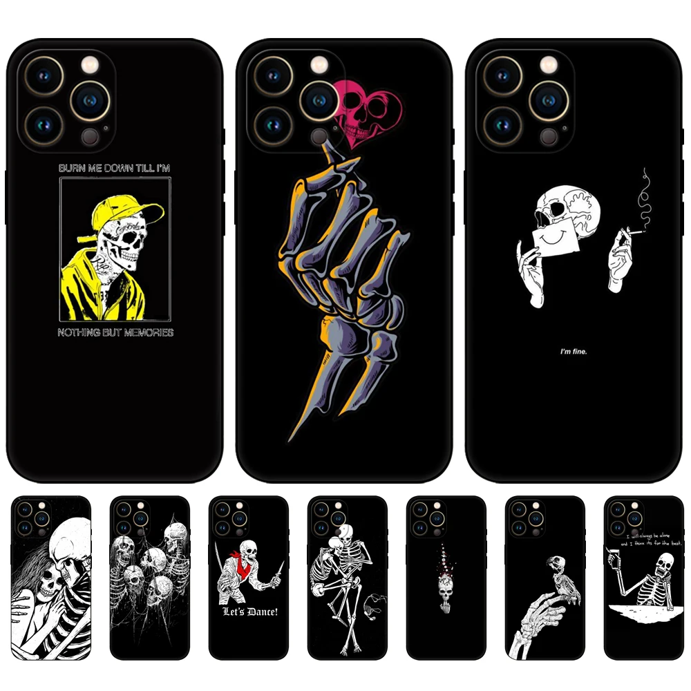 

Black tpu case for iphone 11 12 13 14 mini pro MAX cover rose skeleton hand skull mobile se 2020 7 8 plus x 10 XR XS funda coque