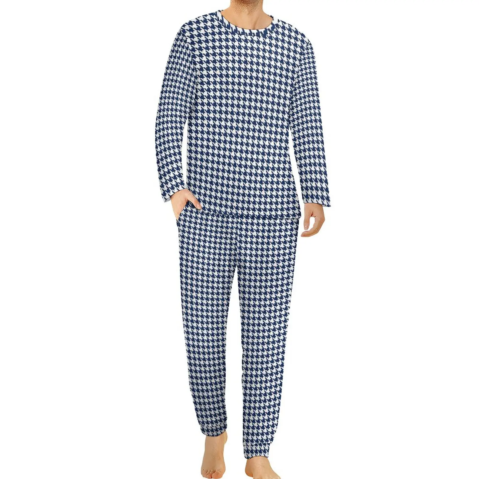

Houndstooth Pajamas Male Navy Blue White Warm Sleepwear Autumn Long Sleeve 2 Piece Casual Graphic Pajama Sets Large Size 5XL 6XL