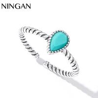 ningan green waterdrop turquoise ring women adjustable finger rings sterling silver open size ring fashion gift