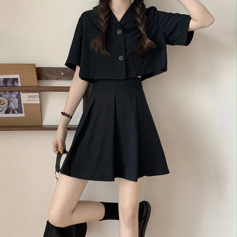 

Summer 2 pcs skirt set Korean harajuku Women's Suit Short Top Tops High Waist Pleated Skirt College Wind Harajuku Vintage Skirt