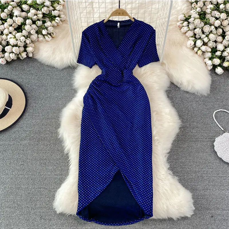 

Summer Women Polka Dot Bodycon Party Dress Female Blue/Silver/Black Sexy V-Neck Short Sleeve High Waist Slim Midi Vestidos 2022