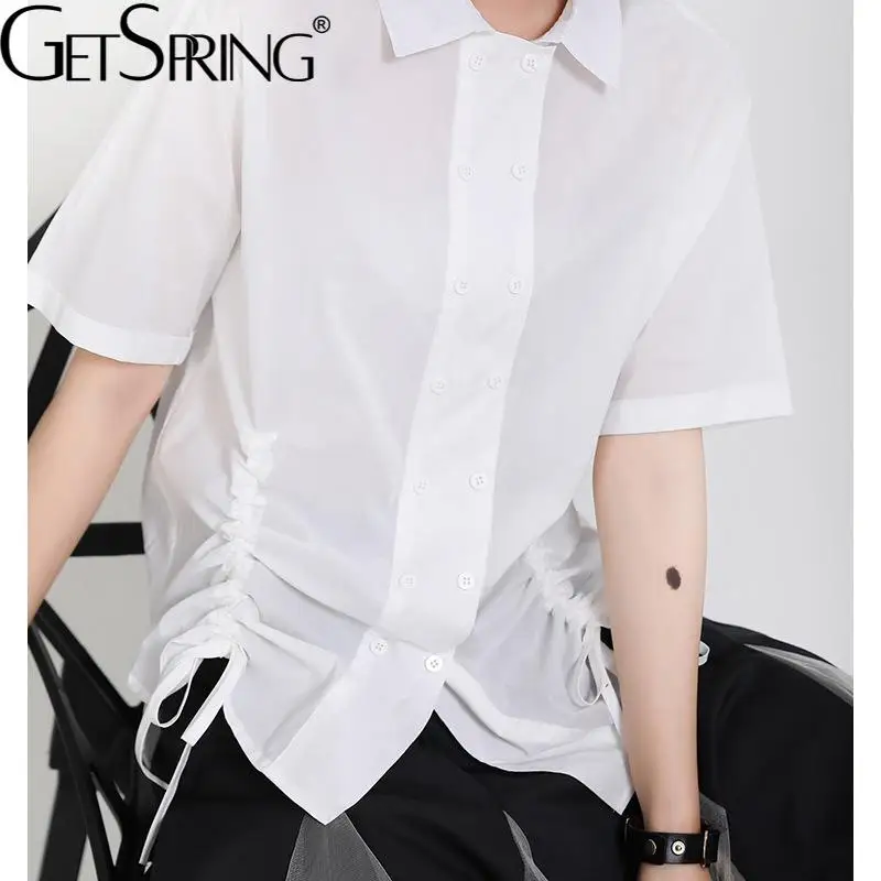 

GetSpring Women Blouse Drawstring Short Sleeve Double Breasted Ladies Shirt Fashion All Match Black White Female Tops Summer New