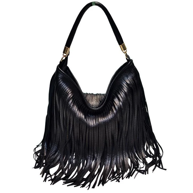 

High Quality Pu Soft Leather Large Capacity Shoulder Bag European And American Locomotive Style Double-sided Tassel Bag Women