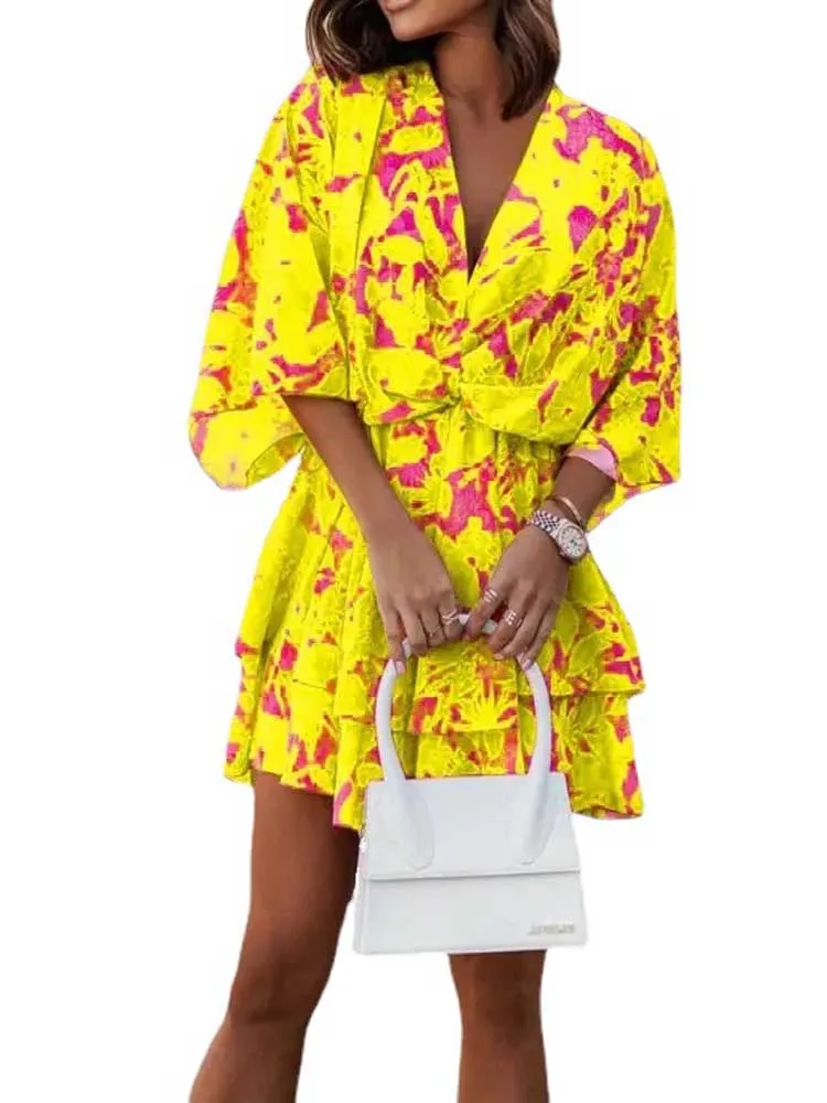 Женское свободное платье с цветочным принтом Короткие вечерние платья мини