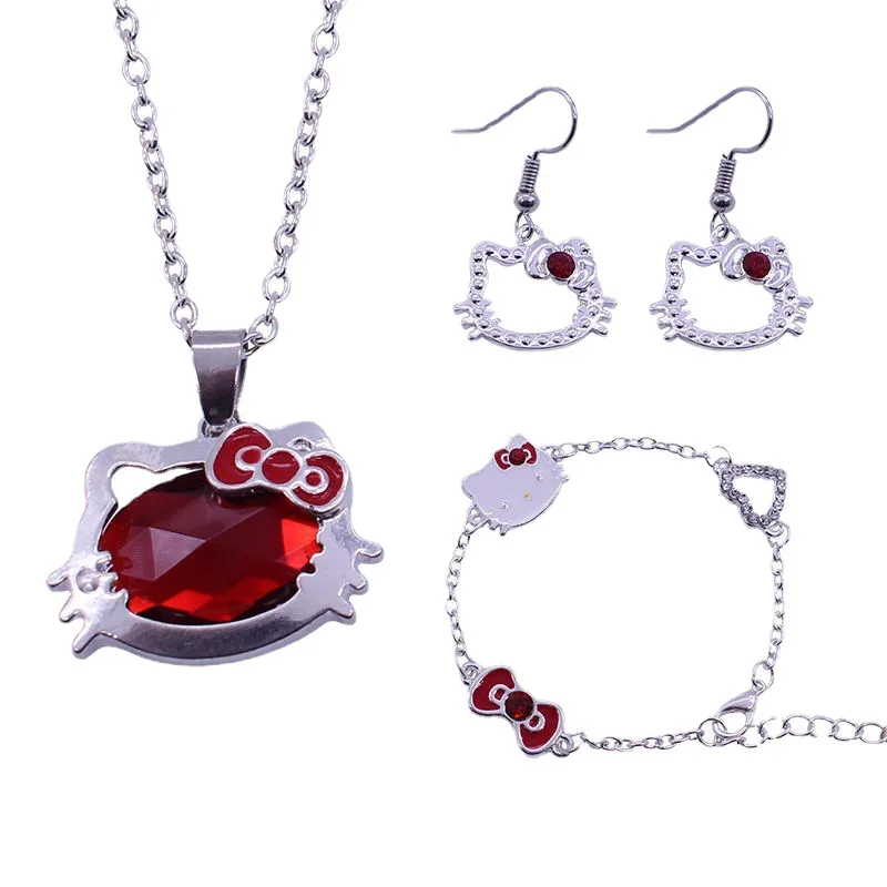 

Kawaii Sanrios Accessories HelloKittys Cartoon Anime Jewelry Set Bracelet Earring Pendant Fashion Alloy Necklace Gifts for Girls