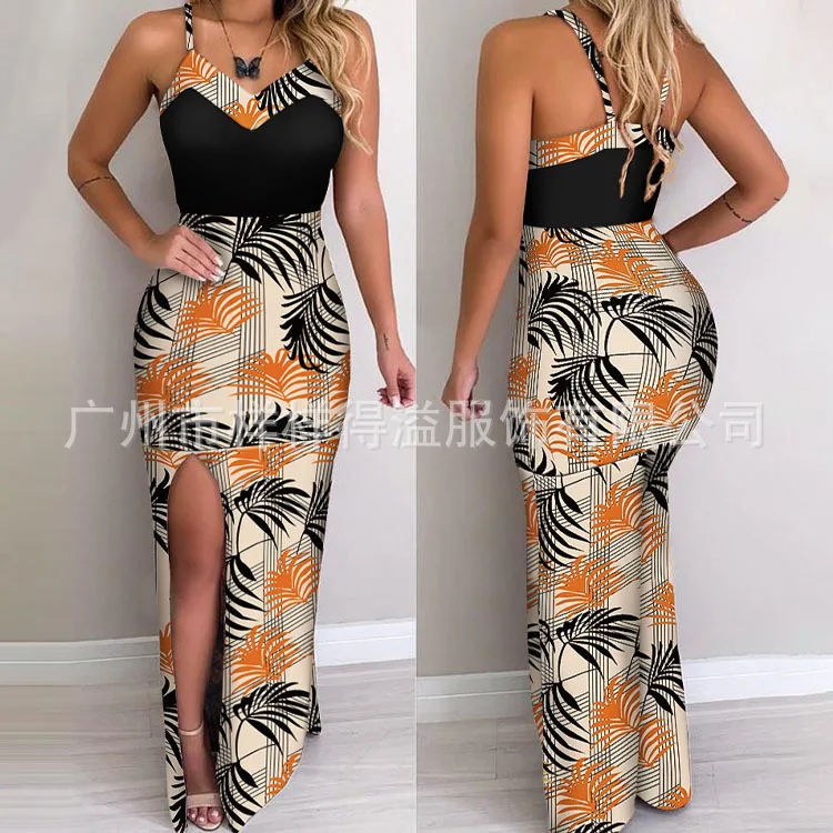 

Sexy Splicing Printing Suspender Dress Side Slit Beach Dresses Summer New Skirt