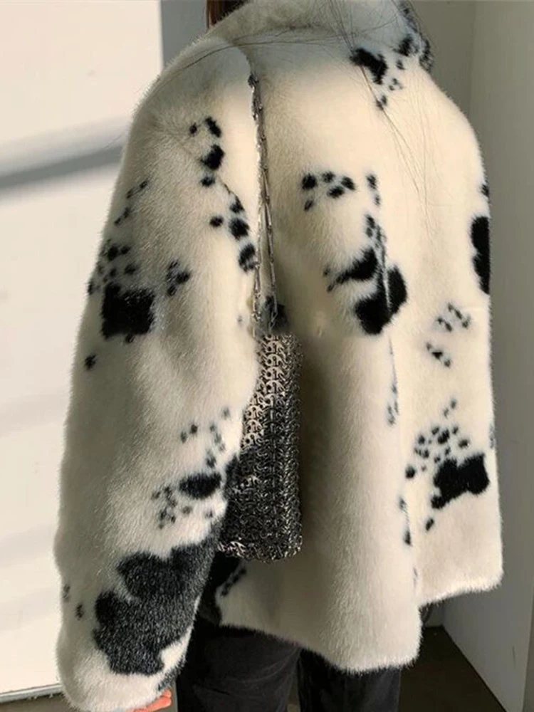 Winter Thick Women Faux Fur Jackets Black White Cow Print Women Jacket Loose Warm Fashion Korean Button Up Female Clothes