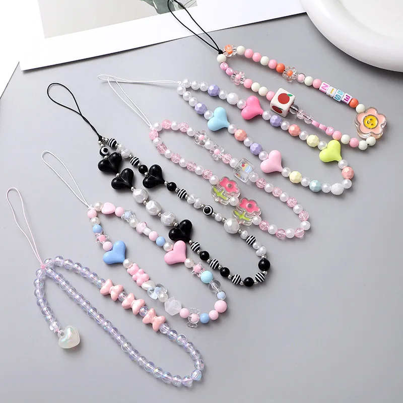 

1Pcs New Korean Ins Love Beaded Keychains Women'S Cute Phone Chain Acrylic Smiling Face Flower Accessory Phone Case Lanyard