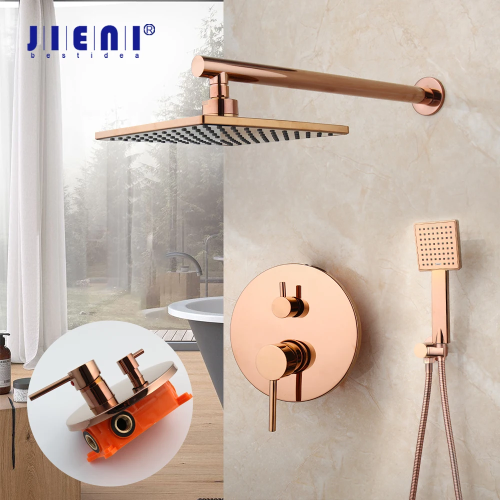 

JIENI Rose Golden Rainfall Shower Faucet Set Wall Mount Handle Shower Mixer Faucet Square Handshower Embedded box Bathtub Shower
