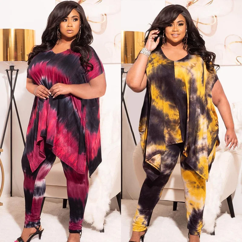 

Plus size 2021 summer women two piece set fashion L-4XL tie dye short sleeve top and pant 2 piece outfit Wholesale Dropshipping
