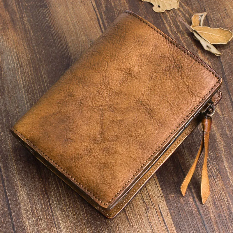 Vintage fashion handmade designer first layer cowhide genuine leather wallet simple casual outdoor short purse for men women