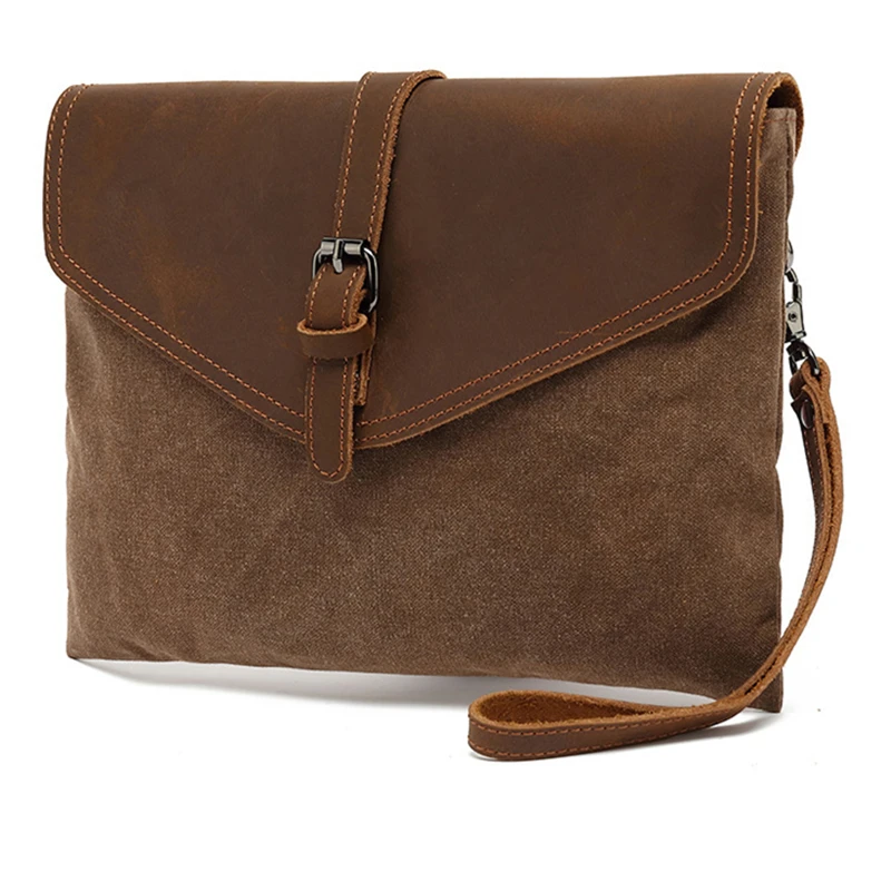 

Vintage Crazy Horse Leather + Waxed Canvas Messenger Bag For Men Envelope Bag Shoulder Bag Strap Handbags Large Clutch Bag