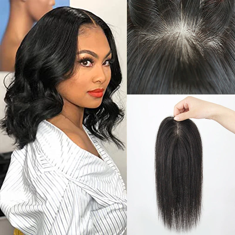 Hair Topper Human Hair Topper For Women Natural Human Hair Piece Black Topper 12x15cm Middle Part Clip In Hair Silk Base