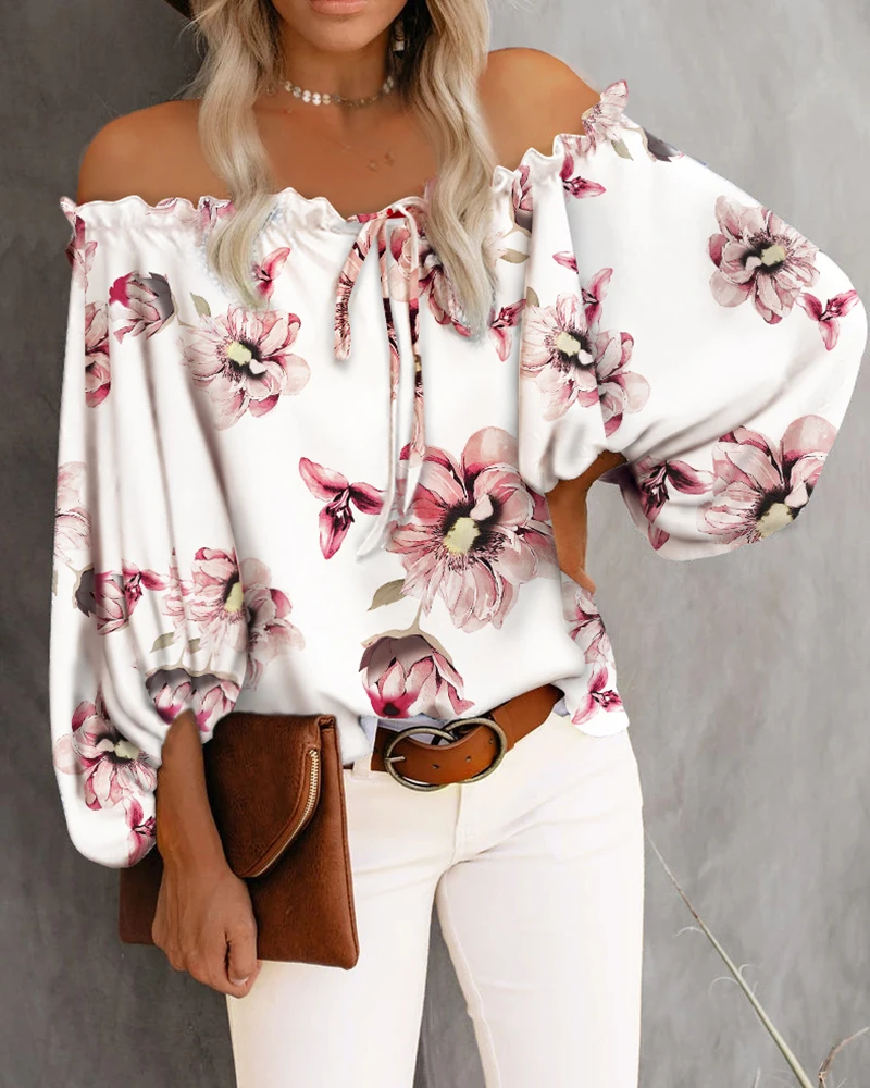 

Spring Women Off Shoulder Floral Print Top 2022 New Femme Casual V Neck Long Lantern Sleeve Blouse Office Lady Outfits Clothing