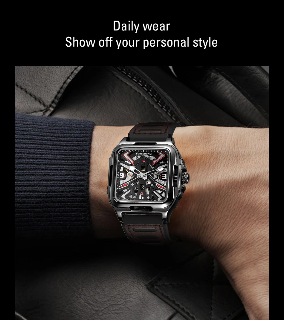 FORSINING оригинальные квадратные механические мужские часы со скелетом с