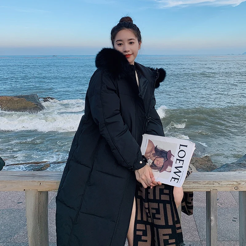 Office Lady Warm Elegant Coats Trench Fashion Thick Jacket Women Solid Casual Big Fur Collar Hooded Long Loose Thickened Jackets