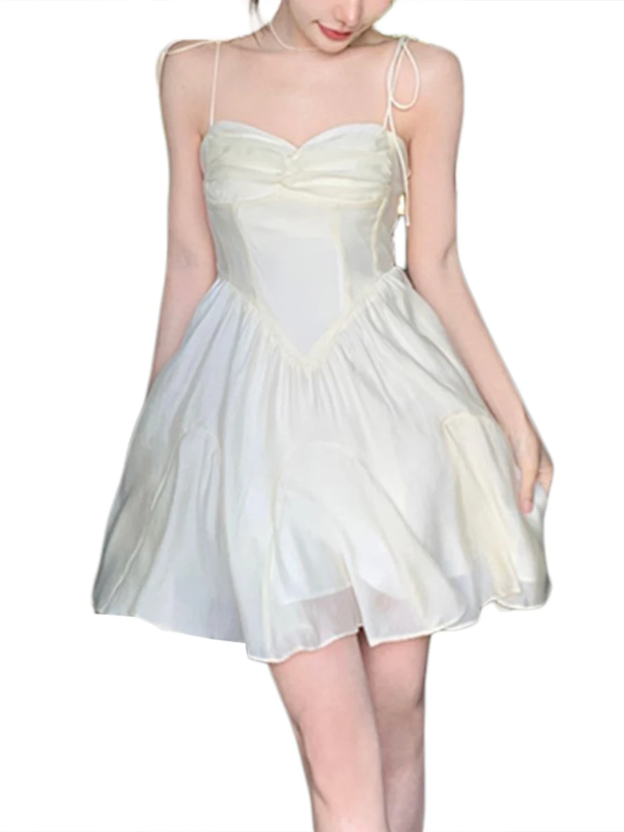 

Women's Summer Elegant Short Square Neck Lace Sling Dress Solid Color Sleeveless Backless Pleated A-line Dress