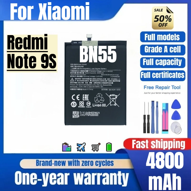 Фото Аккумулятор BN55 для Xiaomi Redmi Note 9S (MIUI), 0 циклов, высокое качество, высокая емкость, сменный, класс А, с инструментами №2
