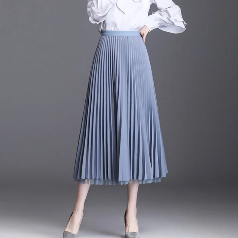 

Spring Summer Two-sided Wear Drape Long Pleated Skirt Candy Mesh Patchwork Elegant A-line Swing Mid Calf Long Skirts Pink Ivory