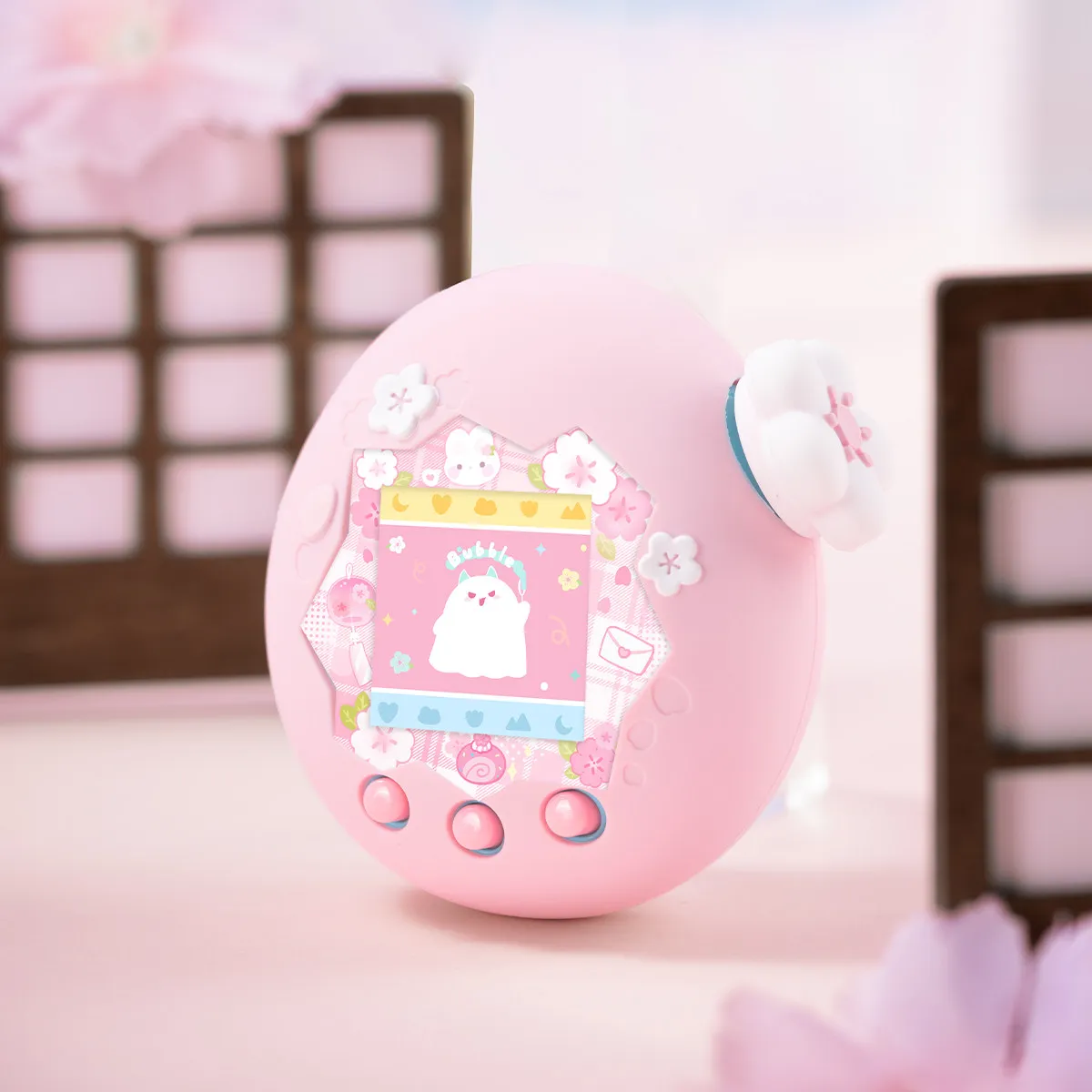 Фото BUBBLELOGUS Защитный силиконовый чехол для Tamagotchi Paradise Pink SAKURA с наклейкой, накладкой на кнопки и подвеской, мягкий чехол №5