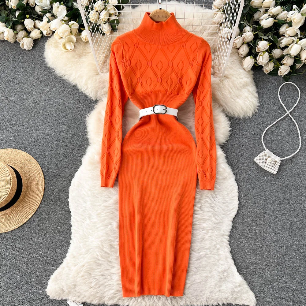 

Vintage Slim Turtleneck Autumn Bodycon Knitted Cotton Sweater Long Dress Winter Party Women Sheath Warm Tunic Vestidos With Belt