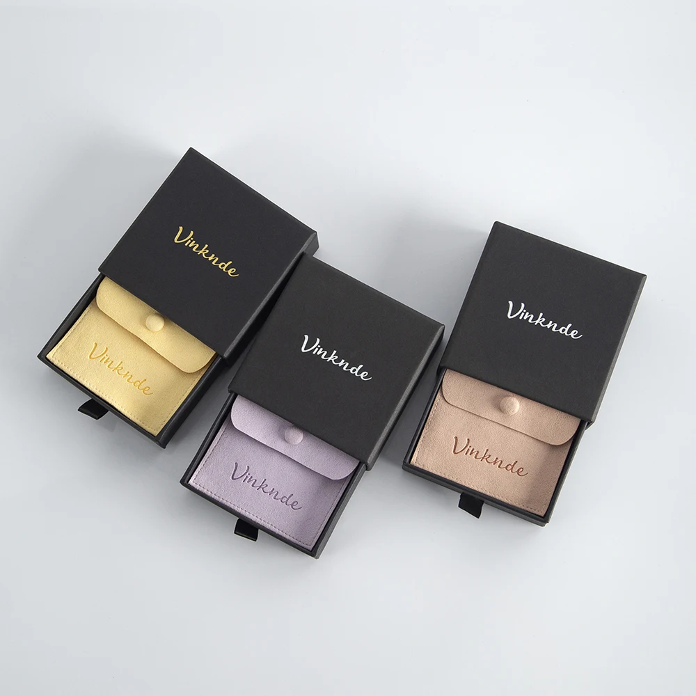 Black Drawer Box Suede Gift Button Pouches Custom Logo Jewelry Packaging Organizer Case Bags Wedding Party Gift Boxes Pouches