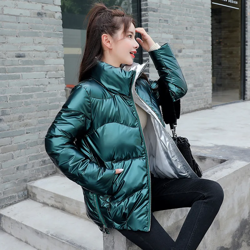 Glossy Sustans Down Coats Fashion Women Solid Colors Stand Collars Parkas Casual Commute Warm Autumn Winter Outwears Chic Jacket